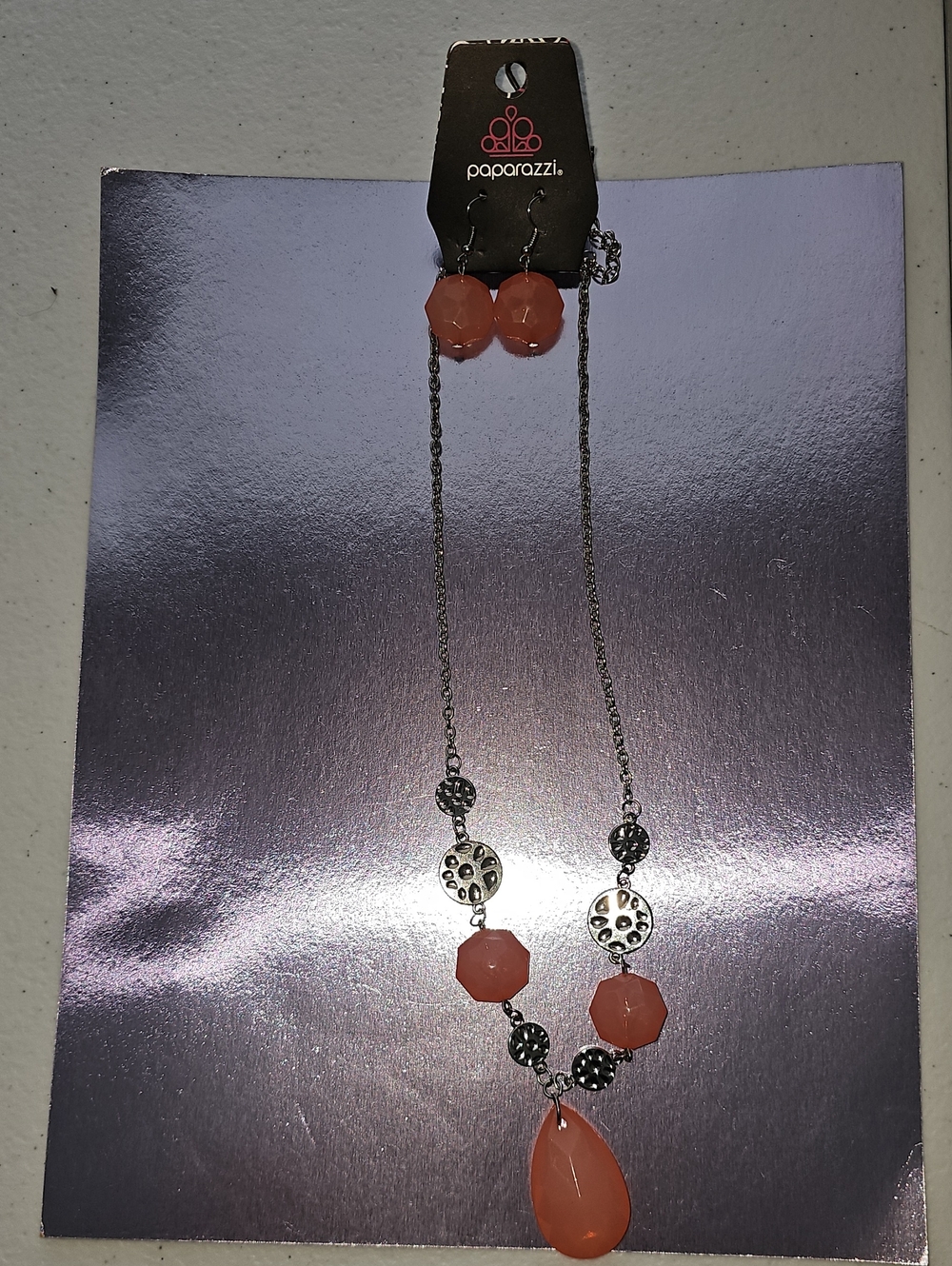 paparazzi Coral Teardrop and Bead Statement Necklace with Silver Accents